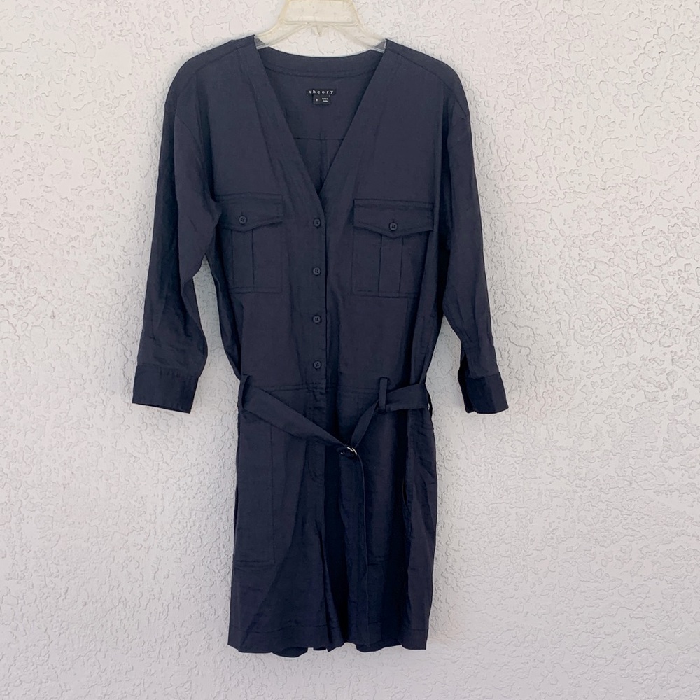 Theory Navy Long Sleeve belted linen blend romper size 8